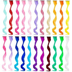 MEckily Rainbow Clip-in Synthetic Hair Extensions 17 Inches Machine Double Weft Kinky Curl Curly Wavy Wig Pieces
