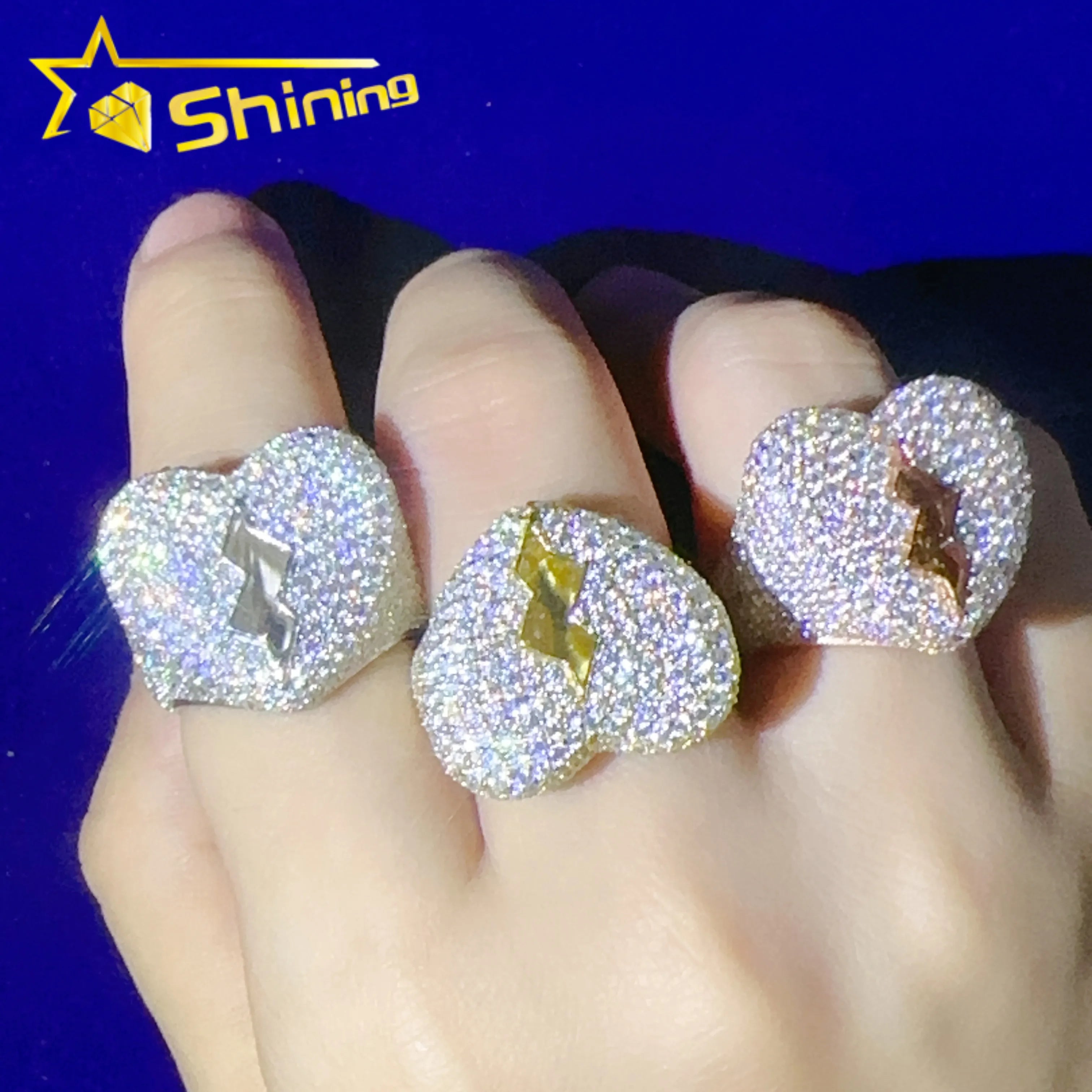 Iced Out Diamond Rings 925 Sterling Silver Broken Heart Rings Hip Hop Jewelry
