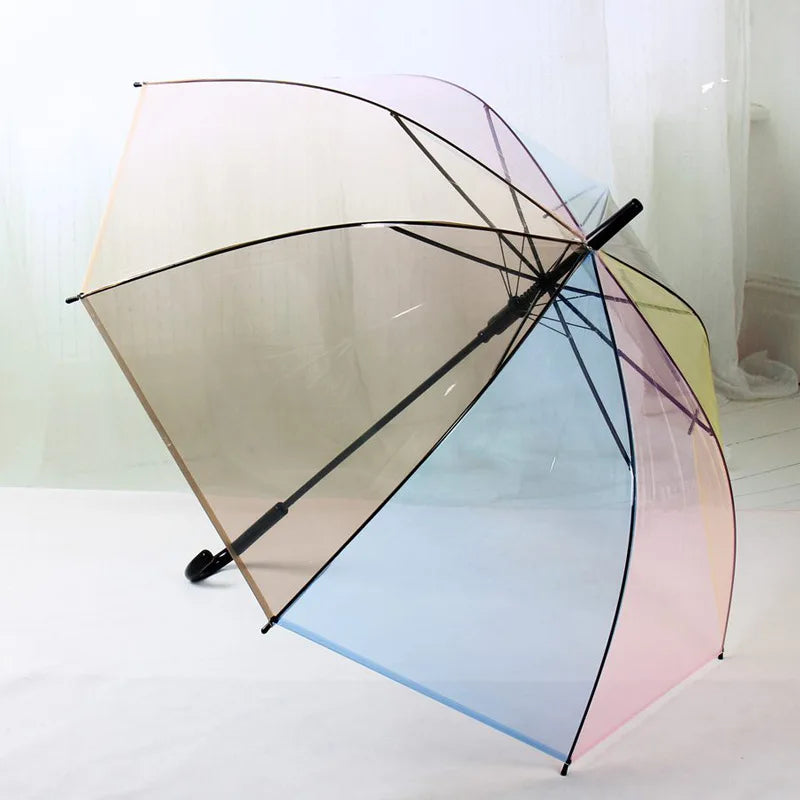 Korea Girl Gifts Rainbow Color Transparent Umbrella Travel Women Windproof Long Handle Straight Rod Rain Umbrellas