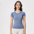2025 Summer Hot Sale Custom Logo Breathable Eco-Friendly Quick Dry Nylon Spandex Print Neck Women Yoga Tops Short Sleeve Regular