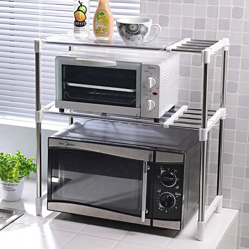 Telescopic Microwave Oven Shelf  Multi-layer Stainless Steel Kitchen Rack  Adjustable Storage Rack Pot Oven Home Space Organizer