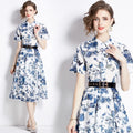 American Vintage Eco-Friendly 2024 New Polo Neck Short Sleeve Ink Print Maxi Length Plus Size Zippers Dress