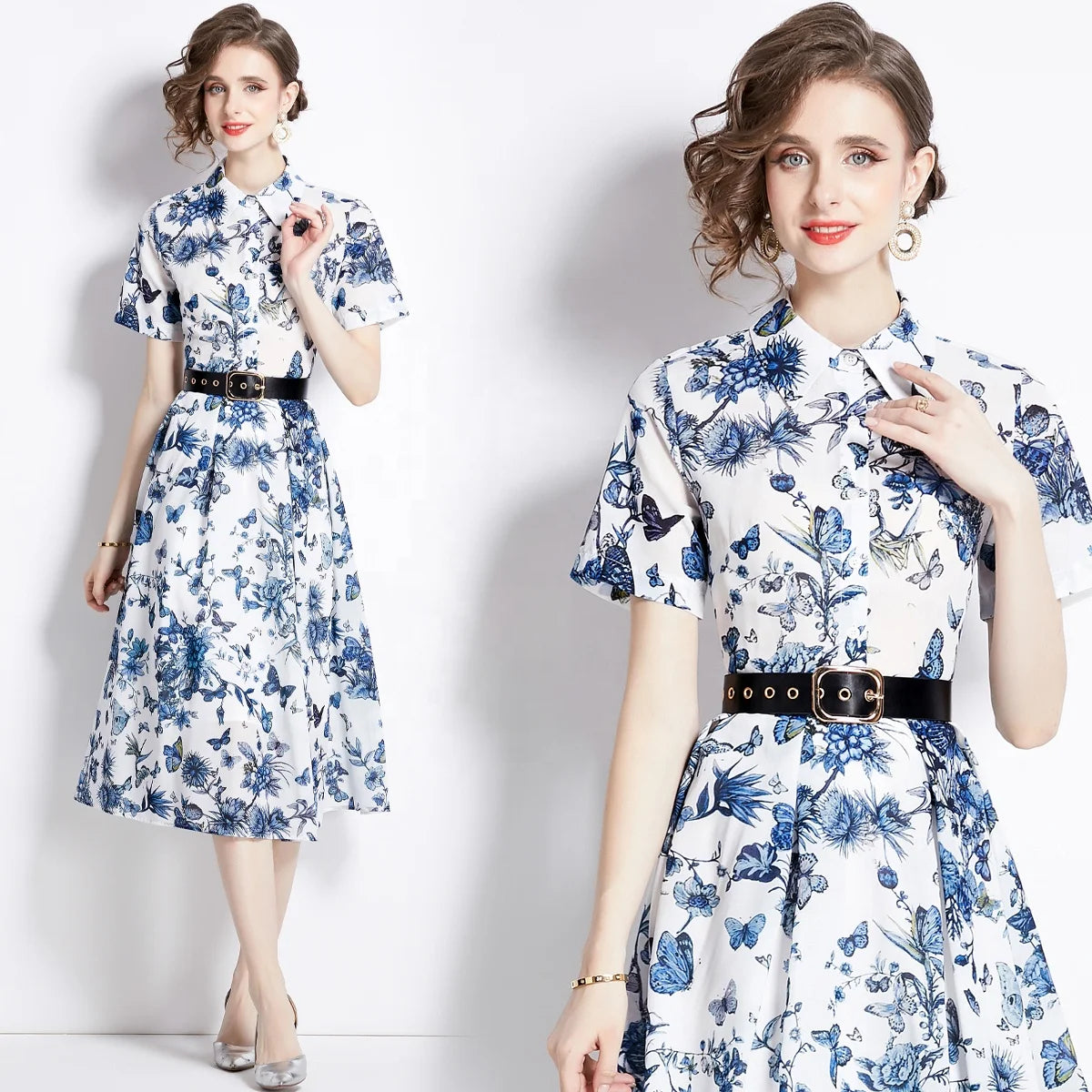 American Vintage Eco-Friendly 2024 New Polo Neck Short Sleeve Ink Print Maxi Length Plus Size Zippers Dress