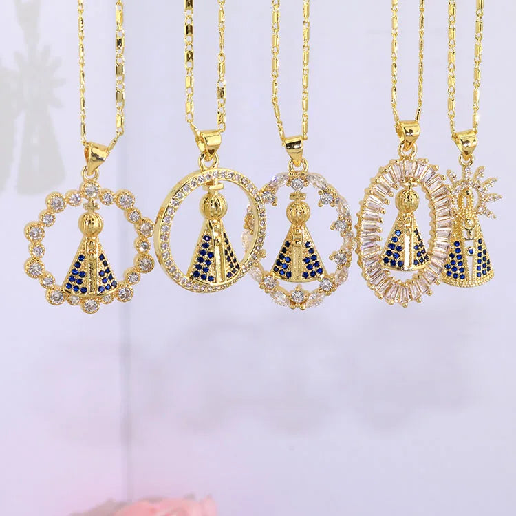 NZ1419 18k Gold Plated CZ Virgin Mary Virgen Del Valle De La Caridad Del Cobre Our Lady of Charity Necklace Religious Jewelry
