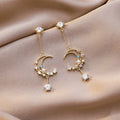 New Arrival Jewelry Sterling Silver Pin Needle Crystal Pendant Moon Star Tassel Cubic Zircon Drop Earrings for Women