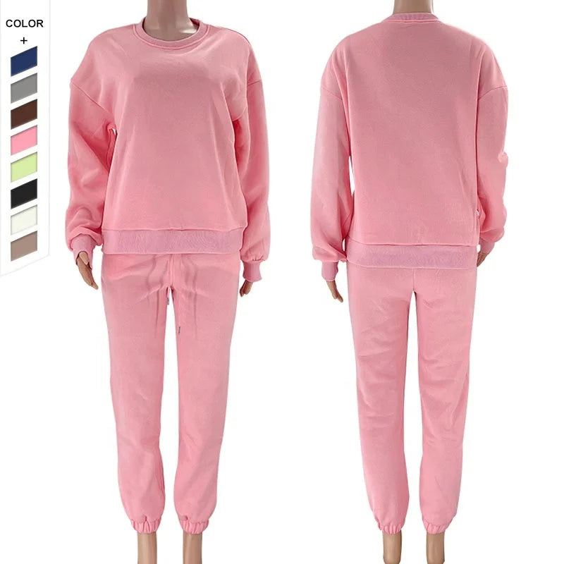 Gym Clothing Solid Round Neck Long Sleeve Drawstring Elastic Cuffs Bind Feet  Trousers Two Piece Suit