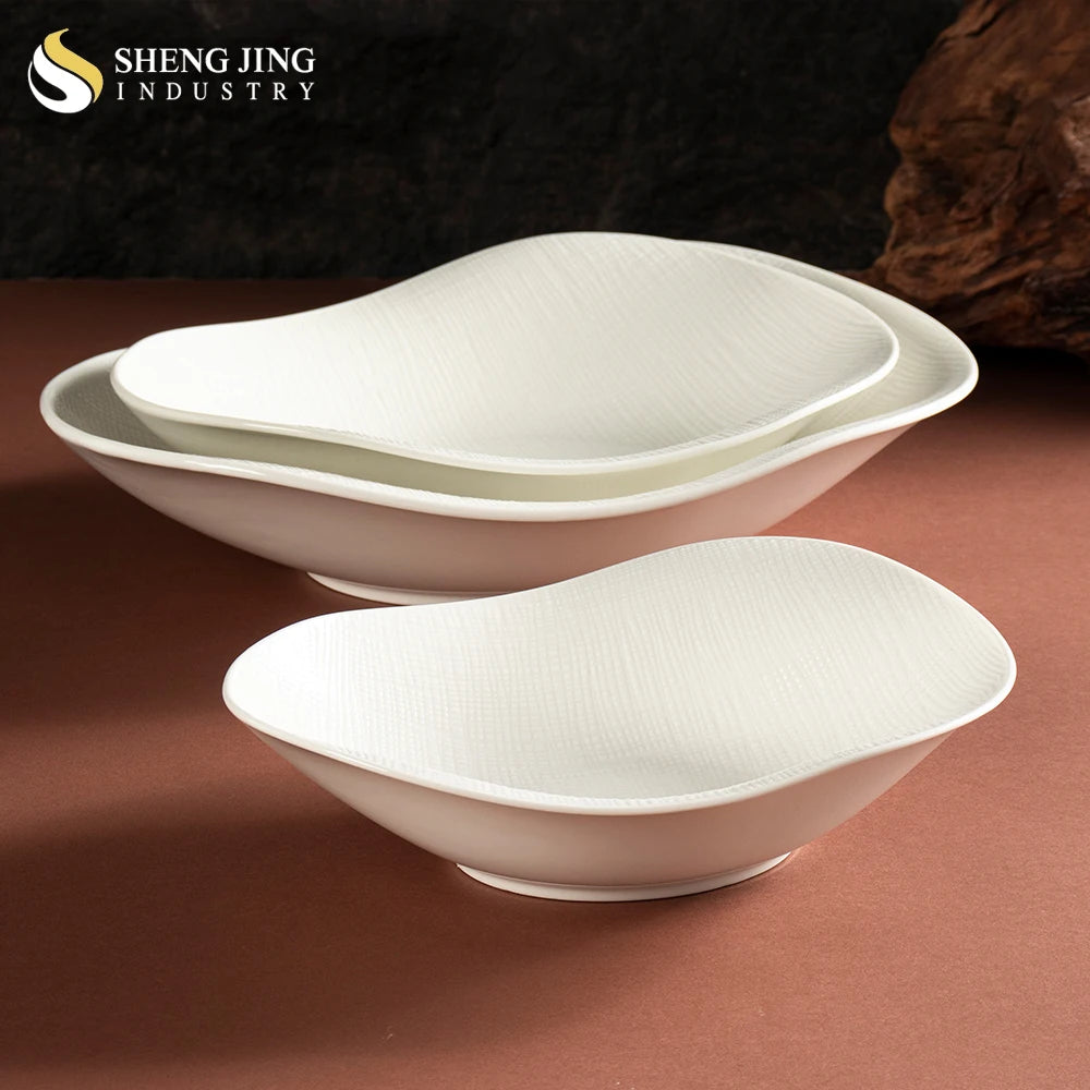 Wholesale Irregular White Ceramic Bowl Set Luxury Embossed Design Salad Fruit Bowls for Catering Buffet Porcelain Service Bol