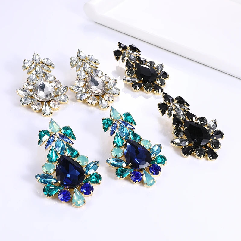 Luxury Silver Plated Statement Dangle Earrings Multicolor Big Crystal Rhinestone Geometric Bridal Earrings for Wedding