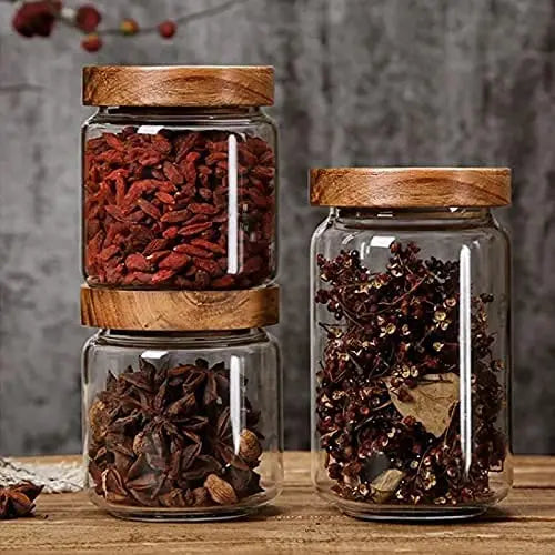 Glass Food Storage Jars with Screw Airtight Seal Acacia Wood Lids for Sugar Salt Coffee Cookies Spices