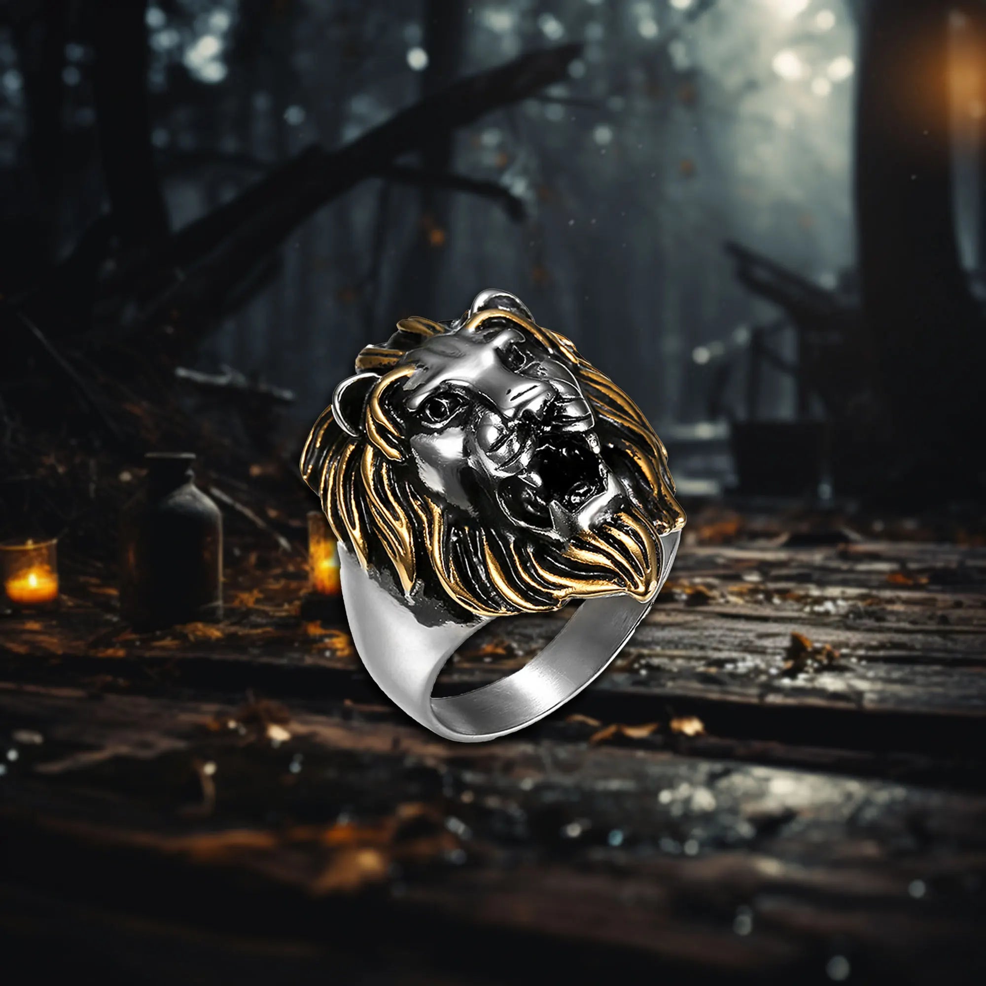Men's Retro Titanium Steel Ring with Gold Lion Head Hip Hop Style 316L Stainless Steel Jewelry for Gift