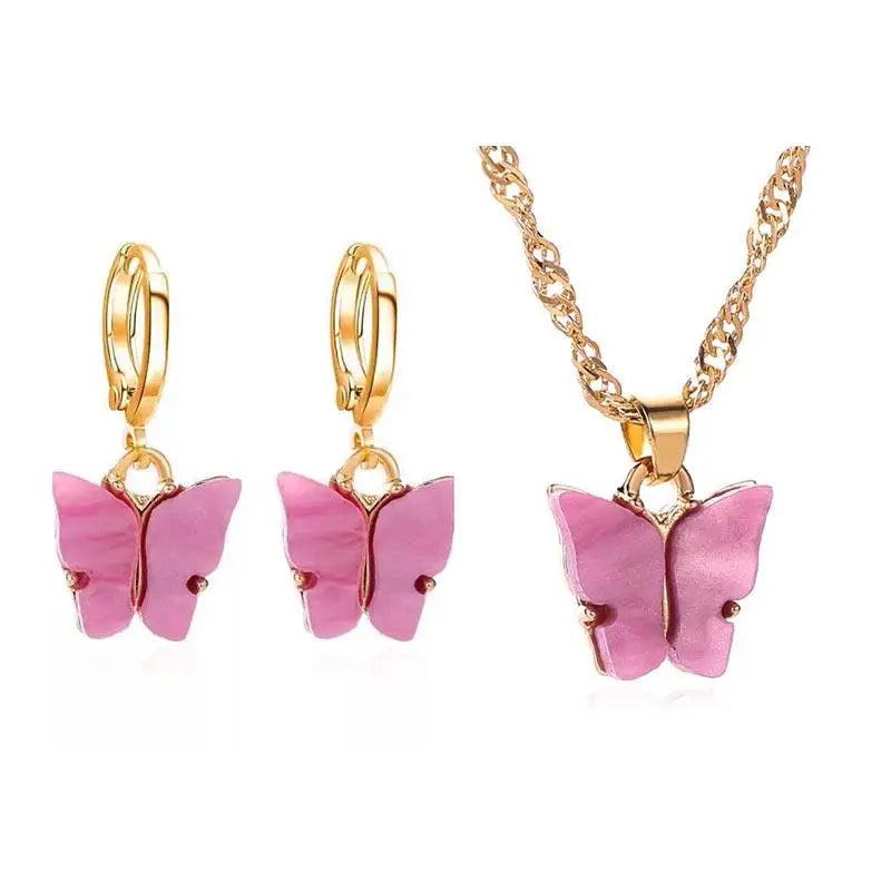 HOVANCI Hot Summer Acrylic Butterfly Hoop Earrings Beach Holiday Style Color Acrylic Resin Butterfly Pendant Necklace Set