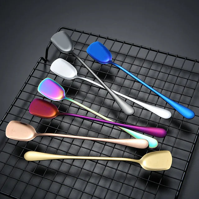 Korean Style Flat Tea Coffee Scoop Sugar Spoon Square Metal Stainless Steel Serving Spoons