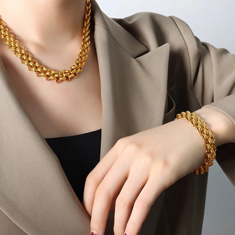 New Arrival 18K Gold Plated Designer Stainless Steel Jewelry Set Tarnish-Free Choker Bracelet Necklace for Wedding Party