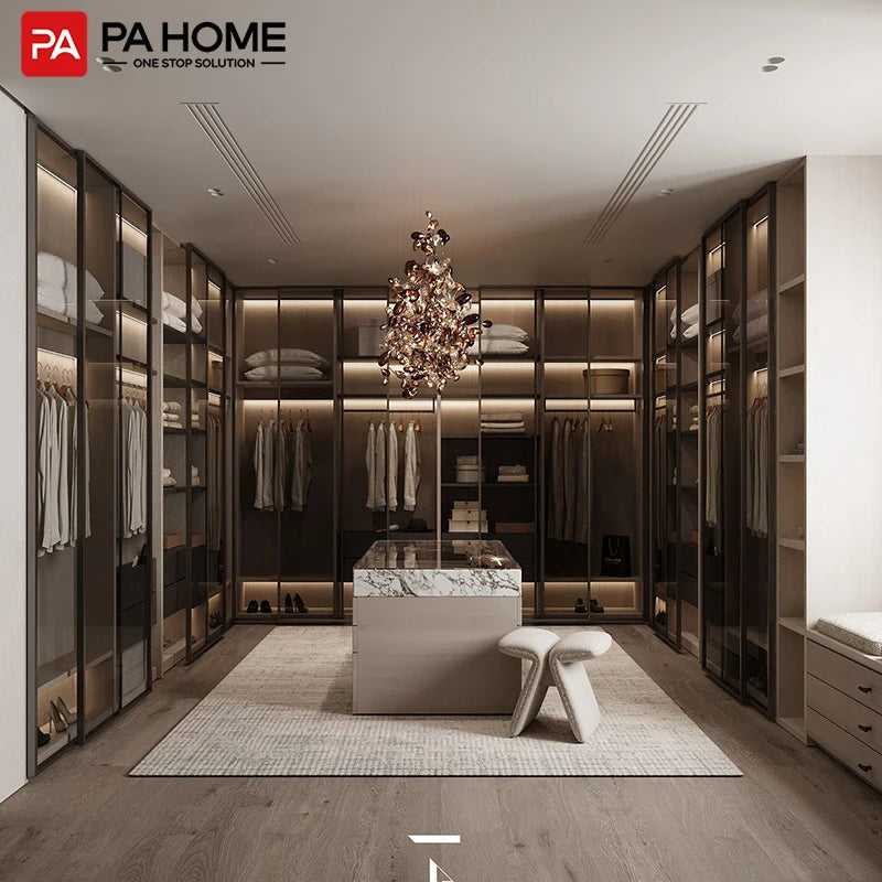 PA Bedroom Furniture Modern Design Custom Glass Door Wooden Storage Wardrobe Walk in Closet