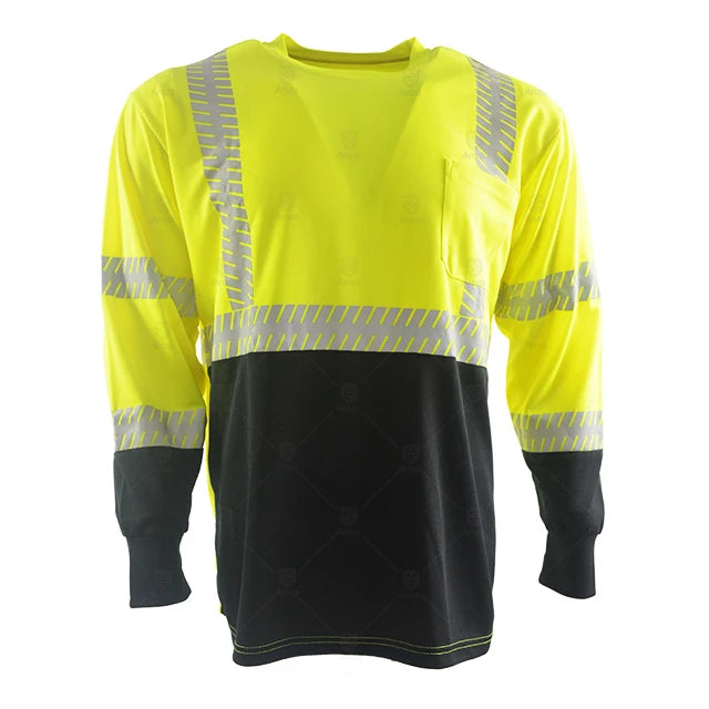 100% Polyester Bird-eyes Fabric Breathable Long Sleeve Hi Vis Reflective Unisex Custom Logo T Shirt Safety Workwear with Pocket