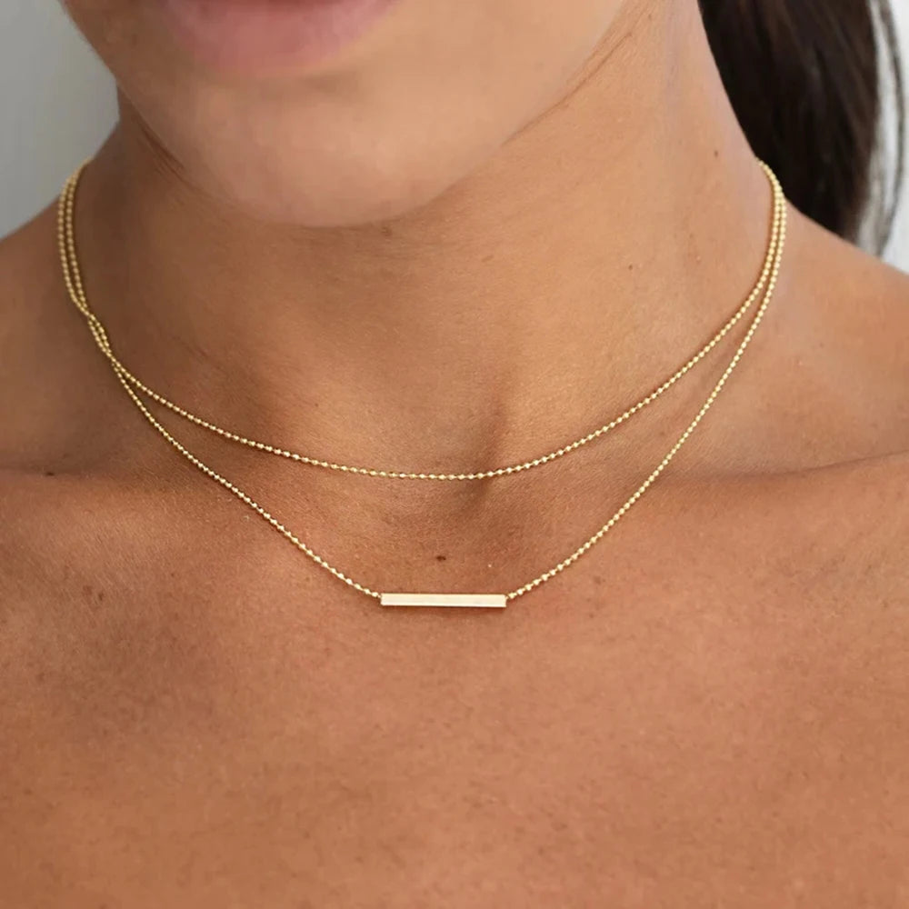 Waterproof T-bar Pendant Double Layer Bar Necklace Stainless Steel Bead Chain Layer Necklace for Women