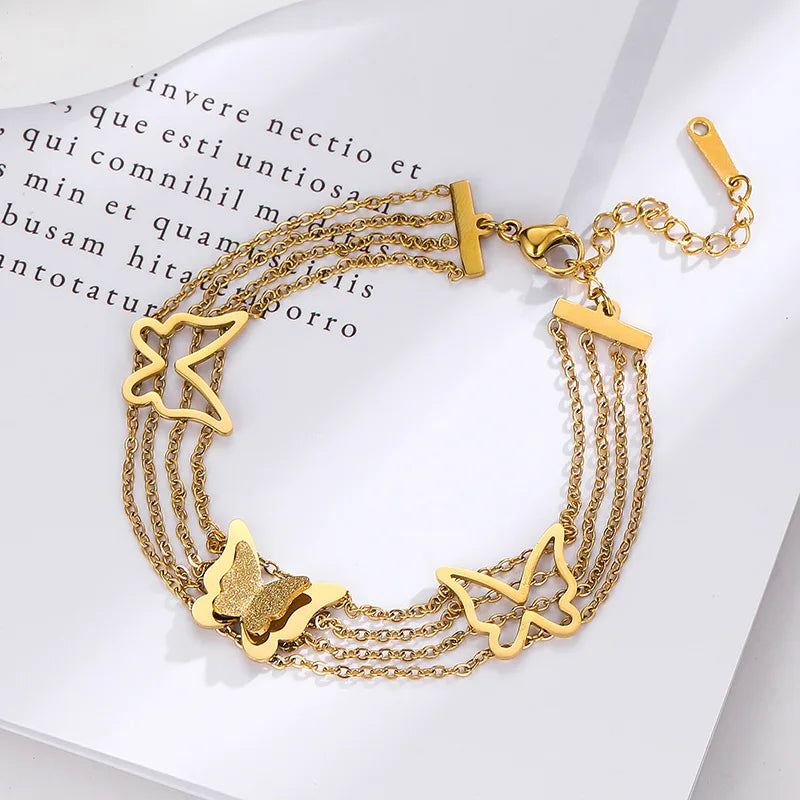 New Adjustable Anti Tarnish 316l Stainless Steel Multi Layer Gold Butterfly Bracelet for Women