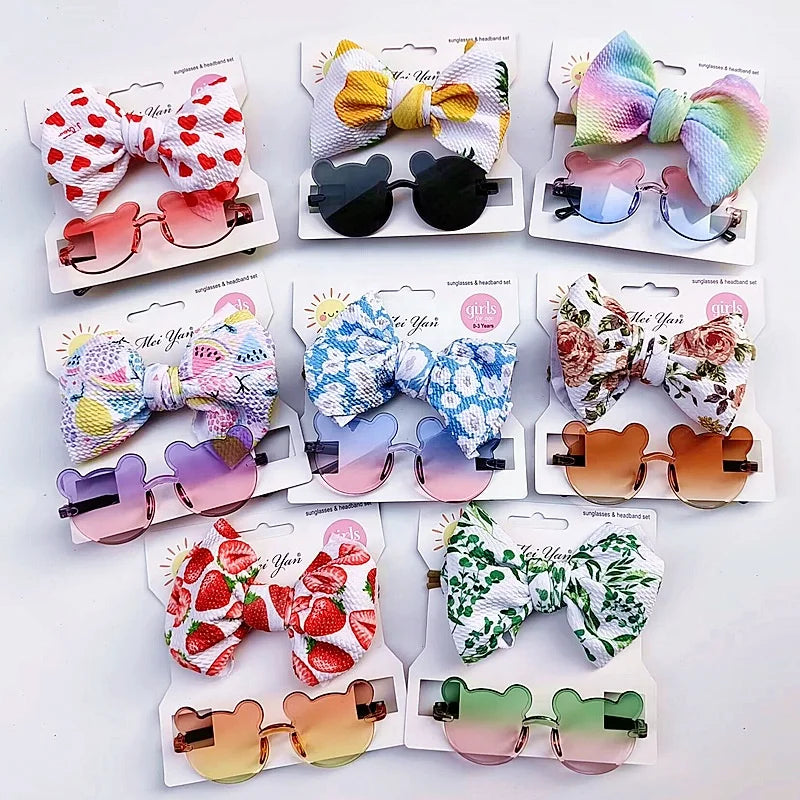 2pcs/set Cute Anti-UV Cartoon Flower Sunglasses Kids Photo Props Gift Baby Girls Sunglass and Bow Knot Hairband Set Accessories