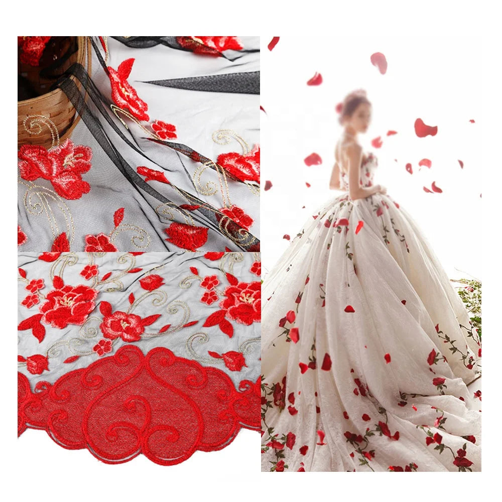 Rose Floral Multi-Color Embroidered Lightweight Polyester Tulle Mesh Knitted Wedding Evening Dress Fabric Girls Women Garments