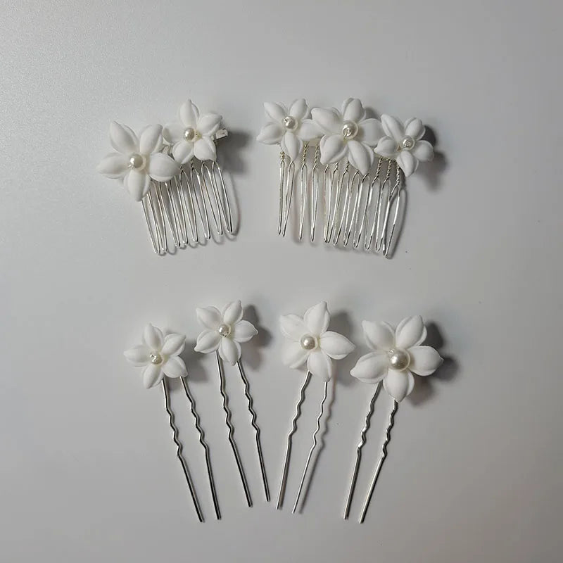 SLBRIDAL Handmade Ins Style Ceramic Flower Pearl Bridal Hair Comb Hair Pin Set Wedding Headpieces Women Jewelry Hair Accessories
