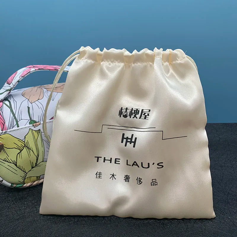 Custom Printed Beige Drawstring Silk Satin Pouch Bag with Logo for Underwear