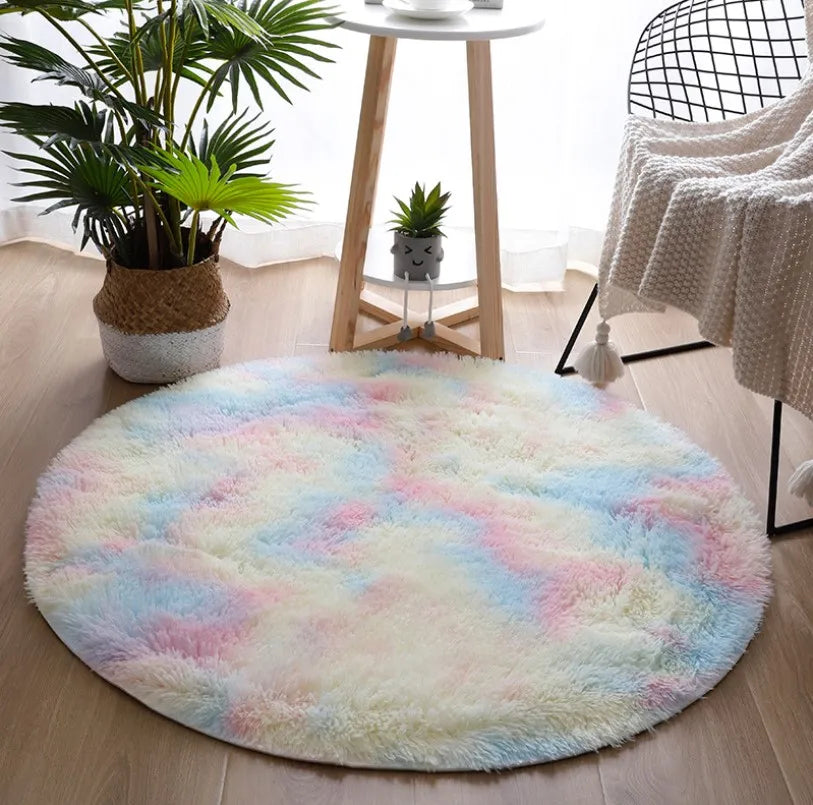 Hot Selling Round Shape Fluffy Fur Colorful Shaggy Tie-Dyed Long Hair Area Rug Machine-Made Flooring Carpet