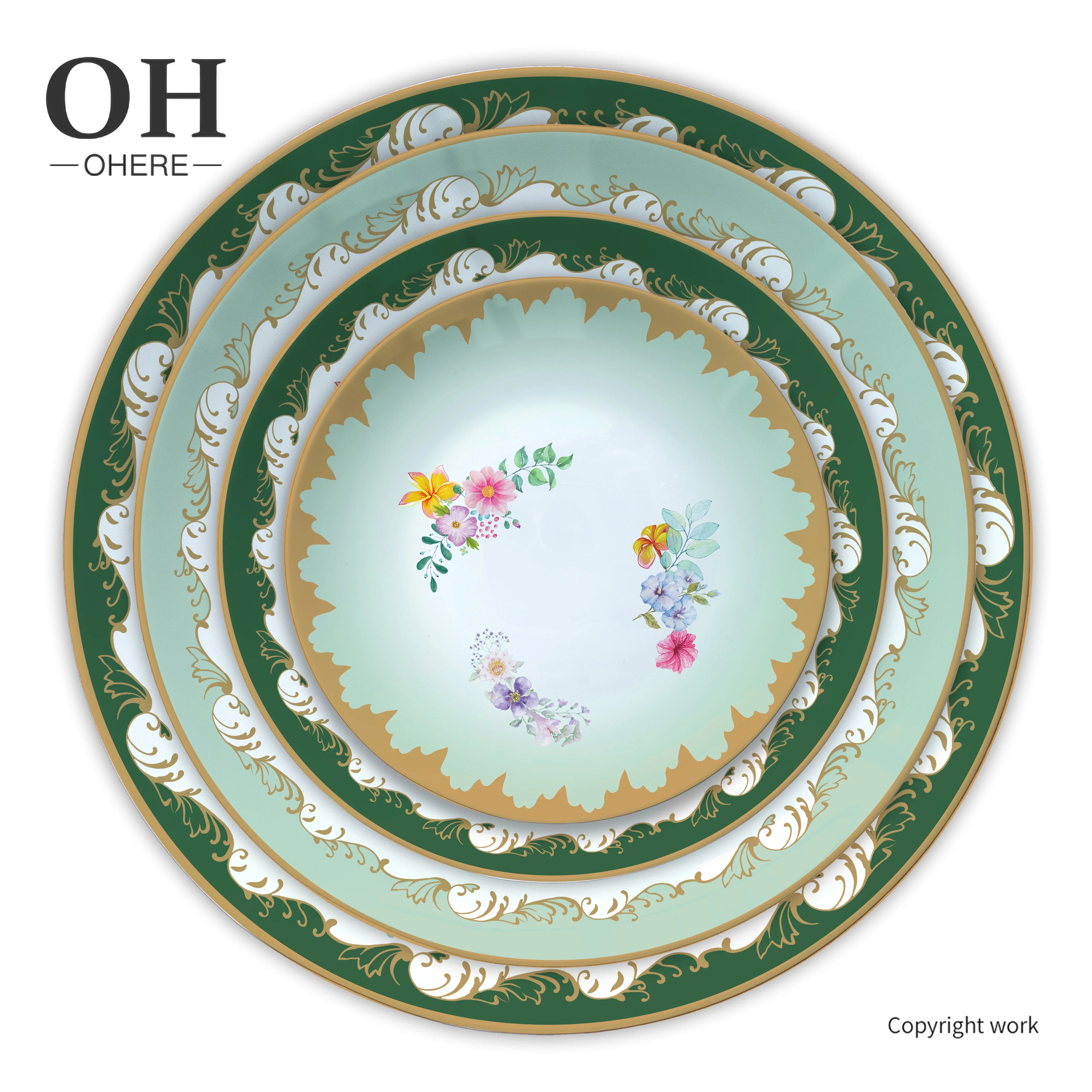 Ohere Fine Bone China Porcelain Ceramic Plate Charger Green Flowers Scenic Style Eco-Friendly 4pcs Dinner Set Home Wedding