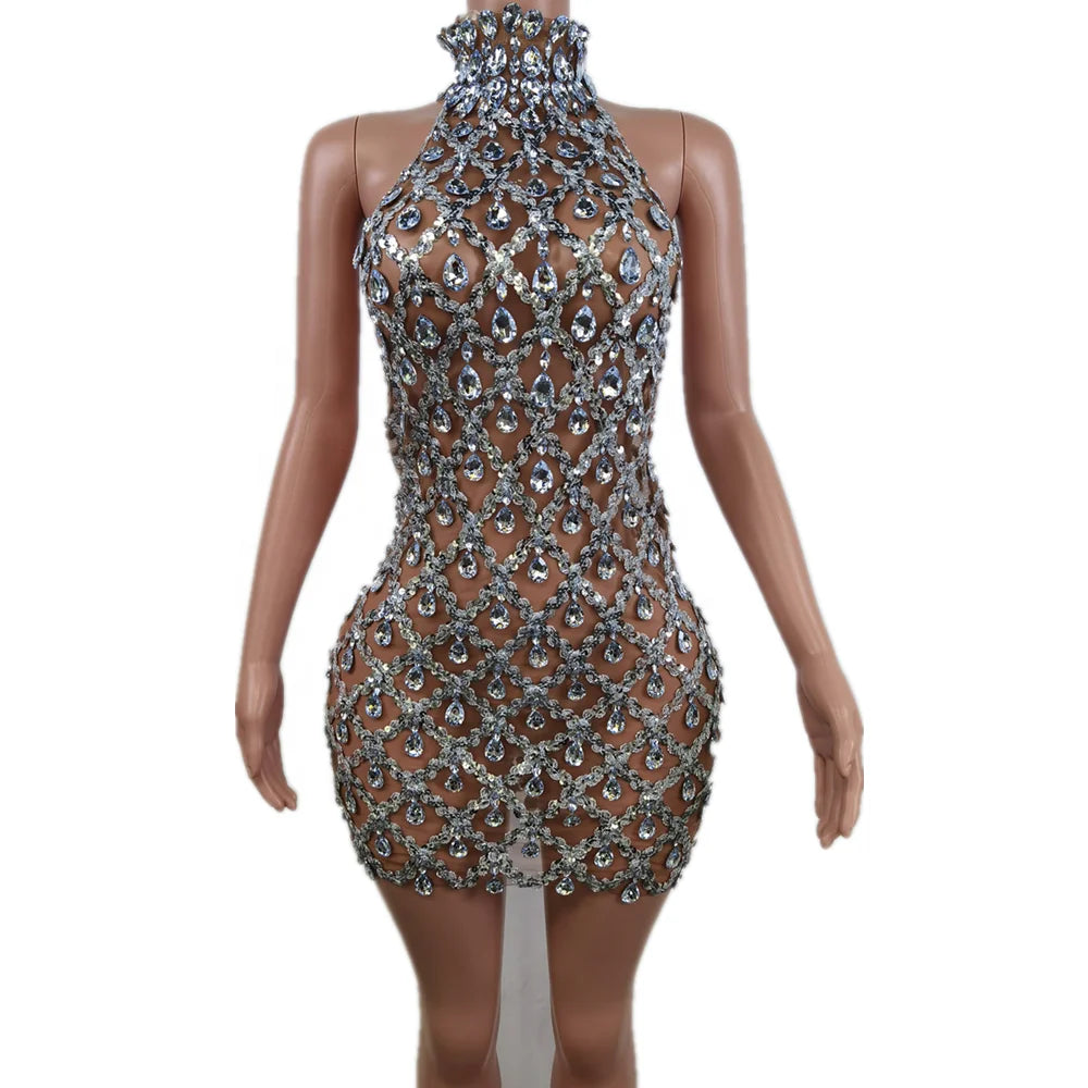 Sexy Perspective Silver Rhinestone Sequin Birthday Party Mini Dress Bodycon Backless Dinner Gown Club Dress Women Prom Dresses