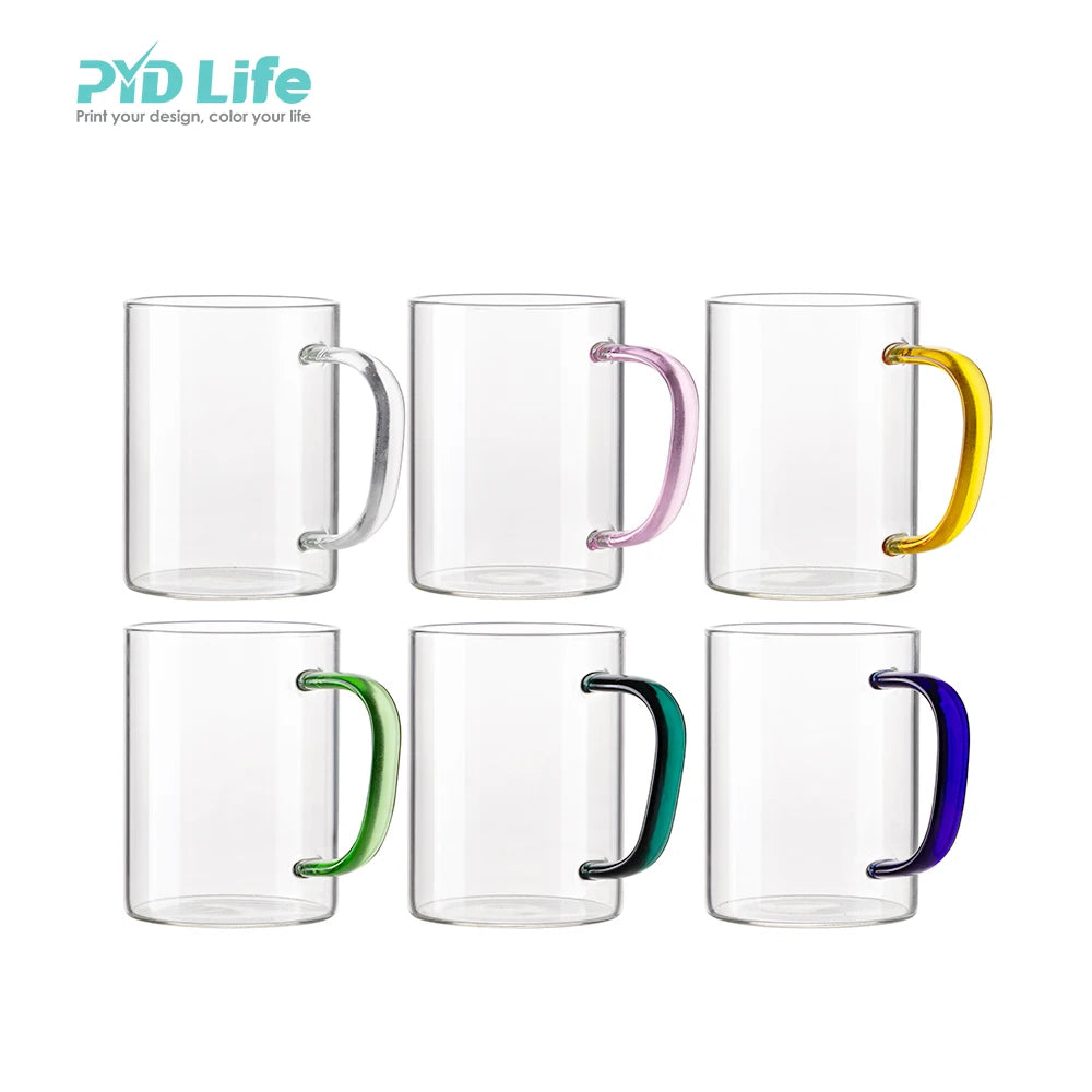 Sublimation Blank 15oz 450ml Clear Glass Coffee Mug Wholesale Drinkware Cups With Colored Handle for DIY Crafting