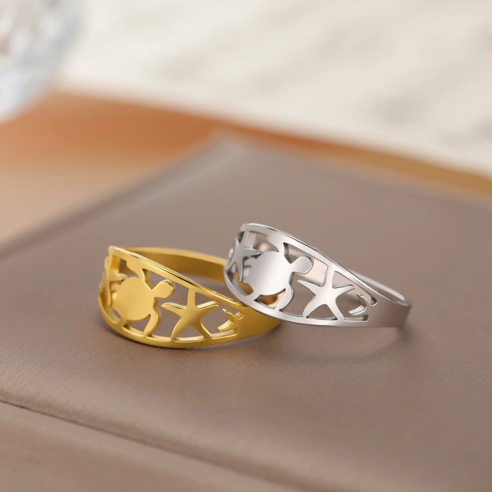 Fashion Stainless Steel Hollow Starfish with a Small Turtle in the Middle Ring Stainless Steel Adjustable Personality Ring