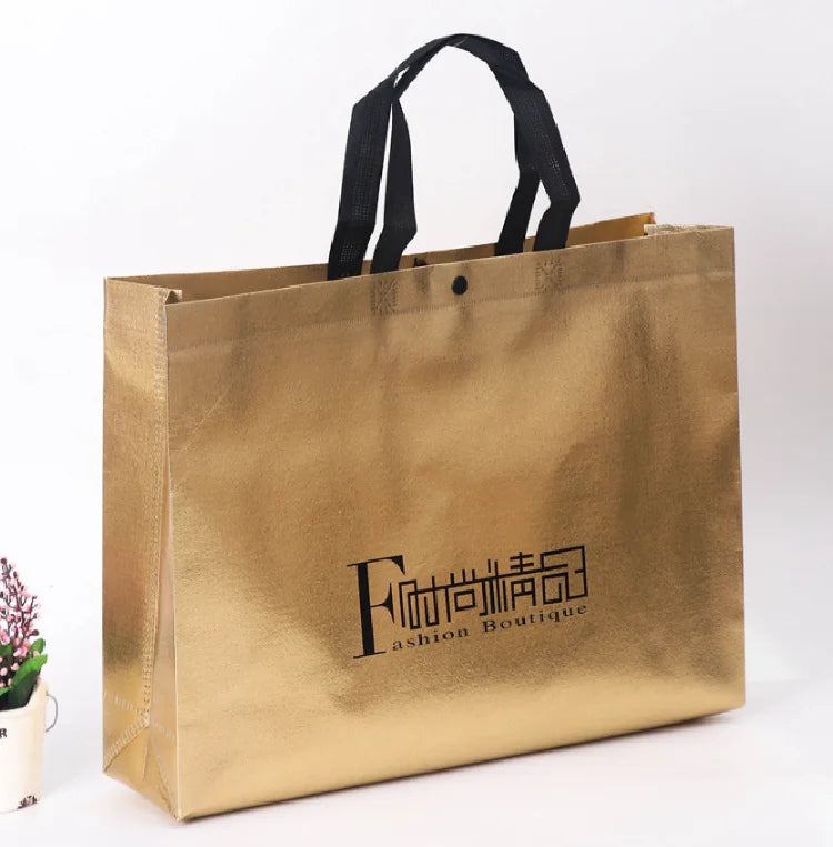 Custom Gold Glossy Laminated Non Woven Bag Boutique Shopping Tote Bag