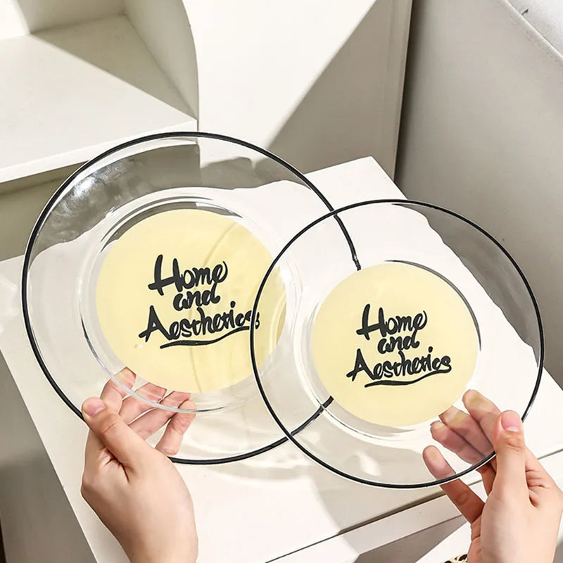 Ins Nordic Style English Transparent Glass Deep Plate Black Border Round Breakfast Dessert Plate