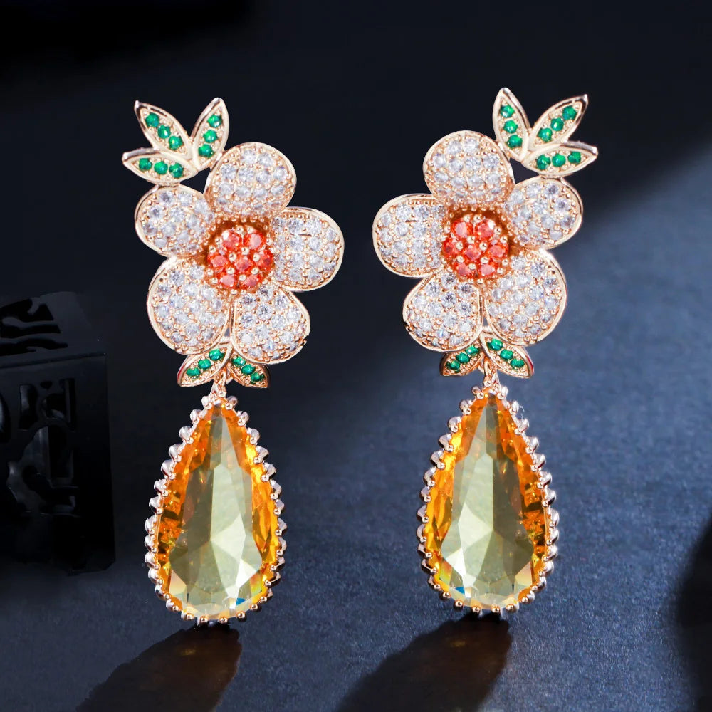 Unique Design Micro Pave Cubic Zirconia Flower Yellow Crystal Long Drop Engagement Party Earrings for Women Luxury Jewelry