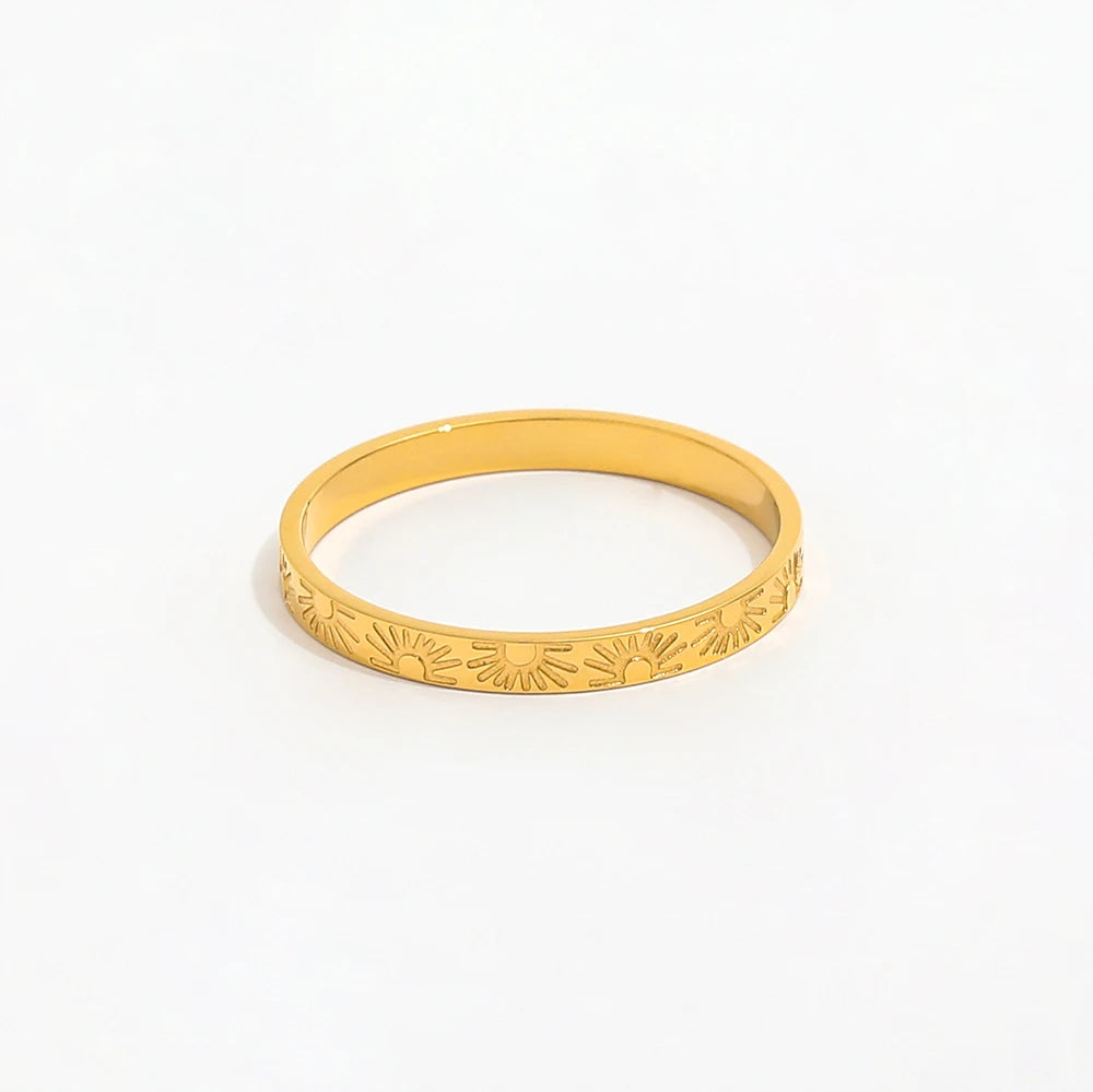 Joolim Jewelry Wholesale 18K Gold Plated Sun Burst Narrow Band Stainless Steel Ring for Women Statement Ring