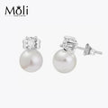 Classic Queen Style Sterling Silver Zircon Real Pearl 7-8mm Round Pearl Stud Earrings