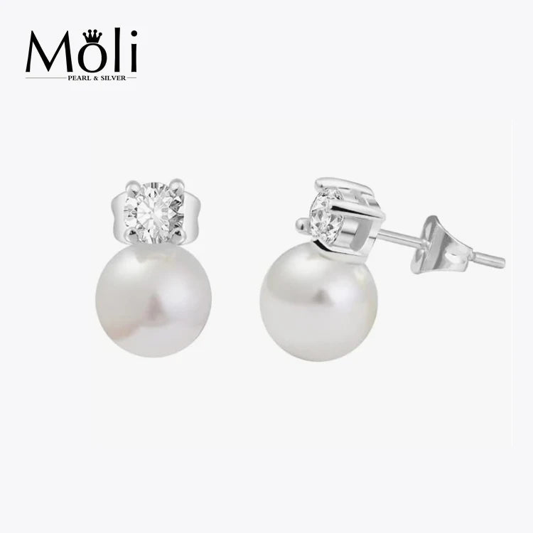 Classic Queen Style Sterling Silver Zircon Real Pearl 7-8mm Round Pearl Stud Earrings