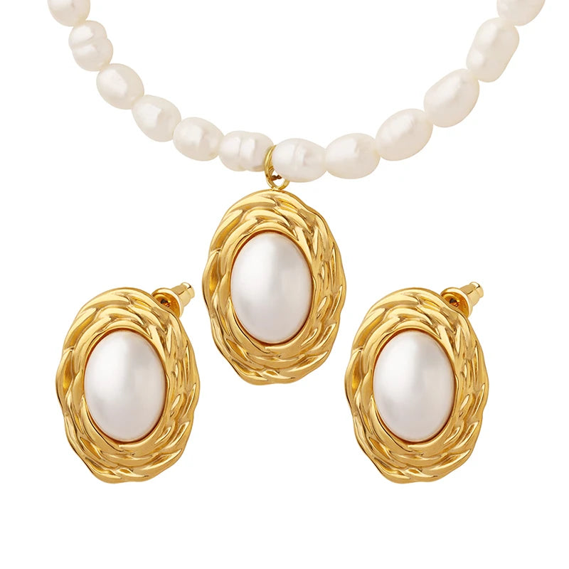 Hight Quality Imitation Pearl Oval Shape Personality Design Necklace Earrings Stainless Steel Jewelry Sets