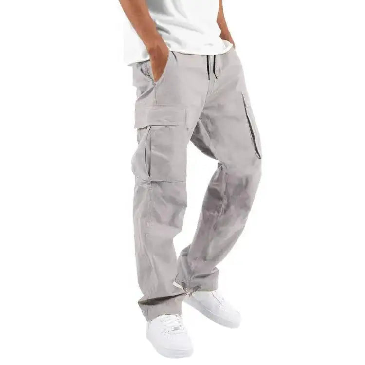 Men's Drawstring Multi-Pocket Pants with Elastic Waistband - Overalls for Outdoor Sports and Work