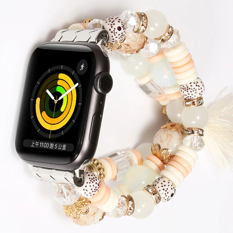 Compatible for Quartz Watch Band Natural Stone Beaded Band for Women Girls Elastic Stretch Replacement Band for Watch Series