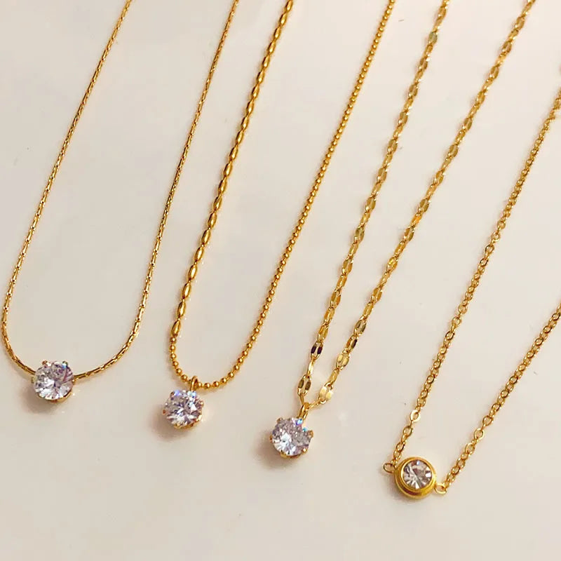 Fashion Jewelry Round Solitary Stone Pendant Necklace 18K Gold Plated Chain 316l Stainless Steel Zircon Necklace