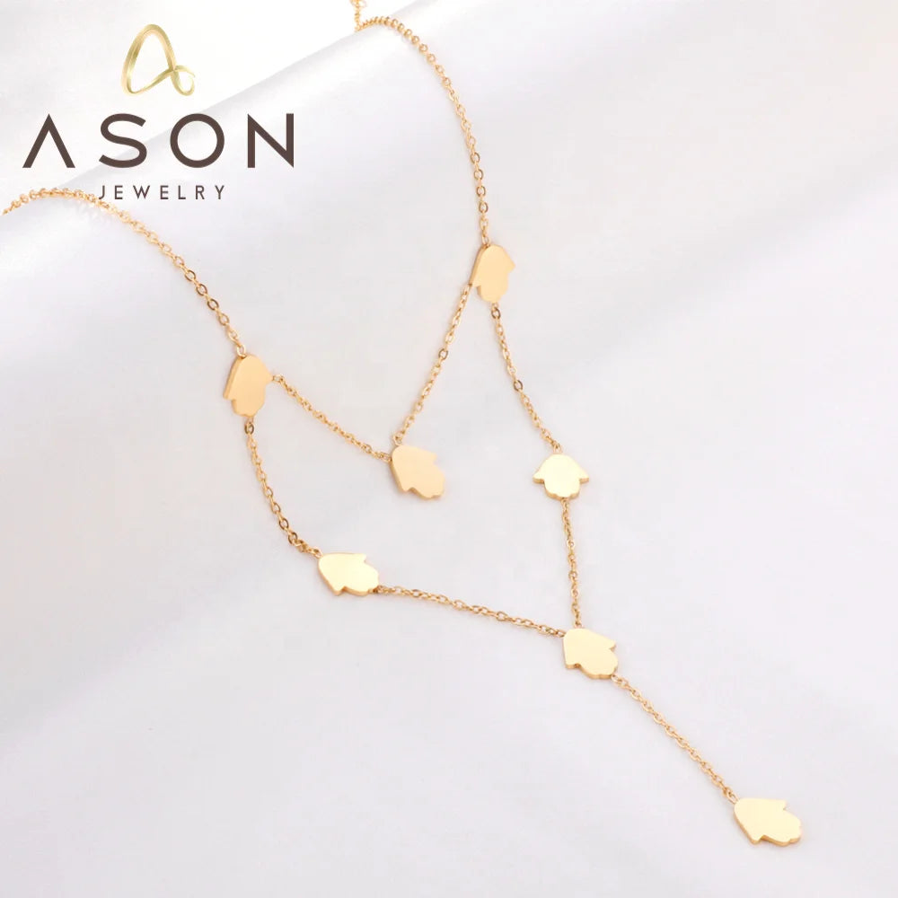 Ason Stainless Steel Personalized Pendant Necklace Ladies Gold Color Fashion Auspicious Lucky Palm Pendant Necklace