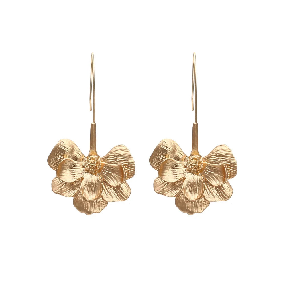 ZA Women's Romantic Flower Huggie Earrings Simple Golden Long Alloy with Bezel Setting for Gift