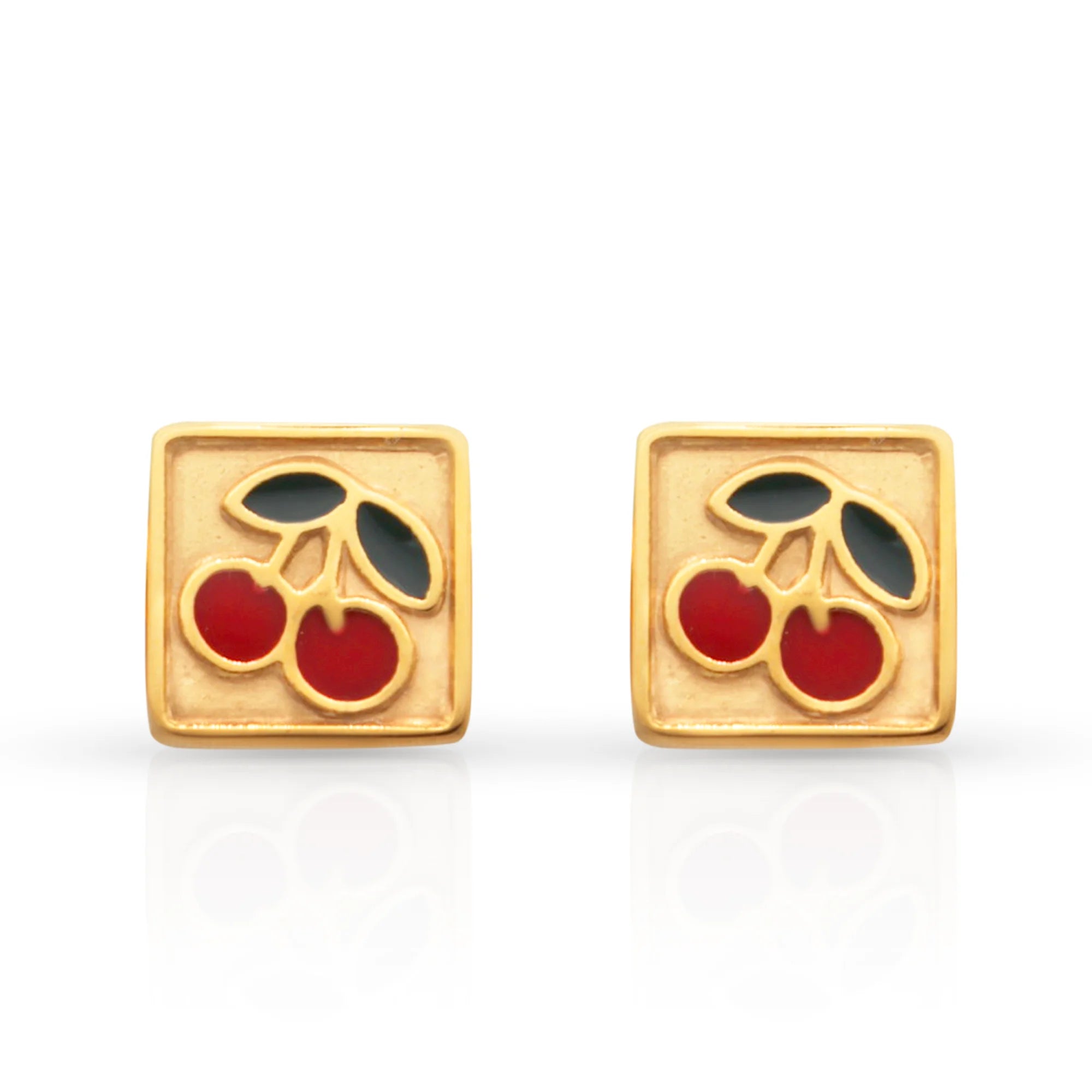 Chris April in Stock 18k PVD Gold Plated 316L Stainless Steel Minimalist square Cherry Enamel Cute Stud Earrings