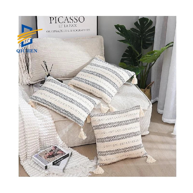 Innermor Newest SS21Indian Morocco Hand Made Fringe Tassels Nordic Fashion Geometric Luxury Cotton Faux Linen Square Throw