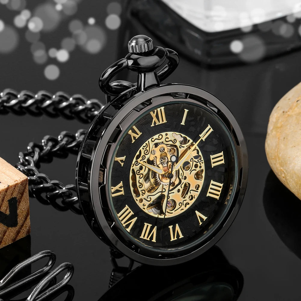 Unique Transparent Open Face Mechanical Skeleton Pocket Watch Roman Hand Widing Fob Watch with Chain for Pendant Jewelry Gift