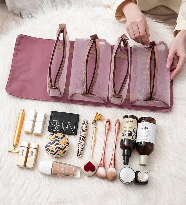 Custom Folding Travel Cosmetic Bags Multifunctional Roll up Detachable Makeup Wash Storage Bags Nylon Hanging Toiletry Bags