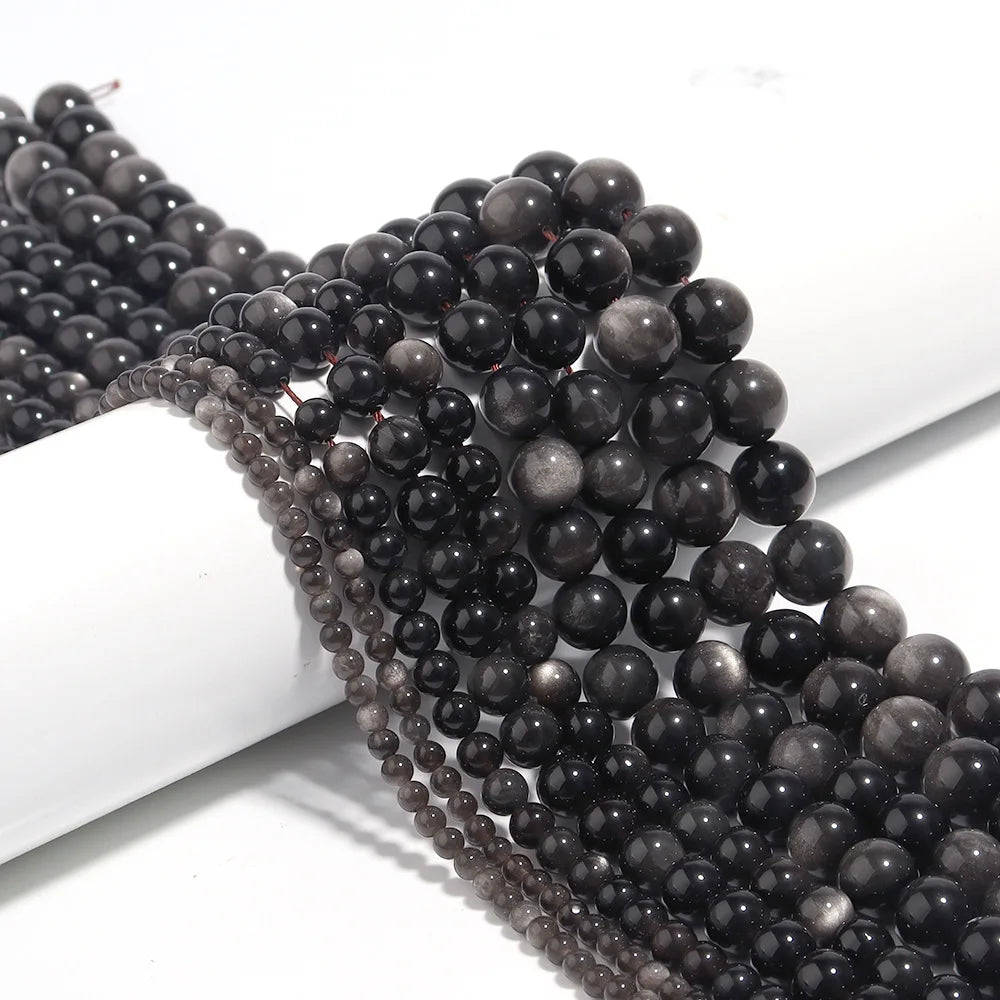 Natural Silver Obsidian Round Beads 4/6/8/10/12mm Semi-finished  Loose Beads Handmade DIY Necklace Bracelet Jewelry Accessory