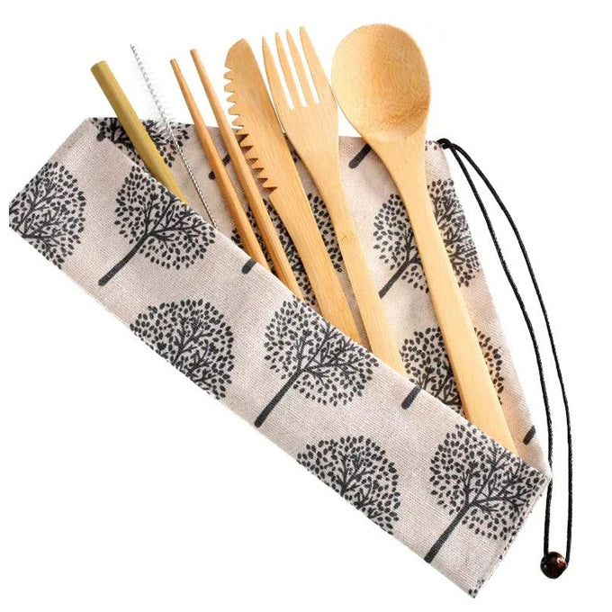 Natural Reusable Custom Logo Outdoor Utensils Camping Bamboo Spoon Fork Knife Set With Cloth Bag