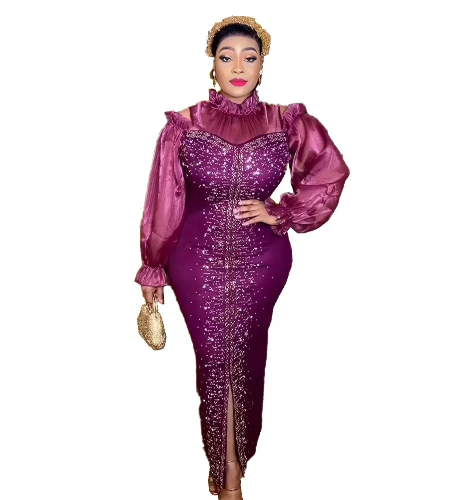Berserk Elegant African Kanga Clothing Luxury Rhinestone Long Mesh Polyester for Women
