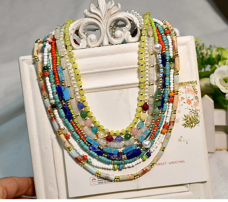Jiingcan Crystal Women Boho Multi Color Gems Beaded Necklace Choker Handmade Colored Stone Bead Necklace